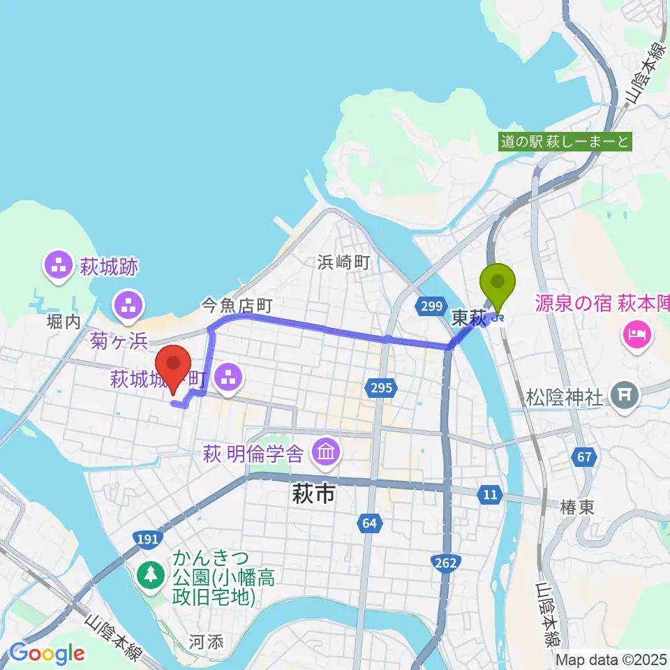 東萩駅から萩博物館へのルートマップ地図