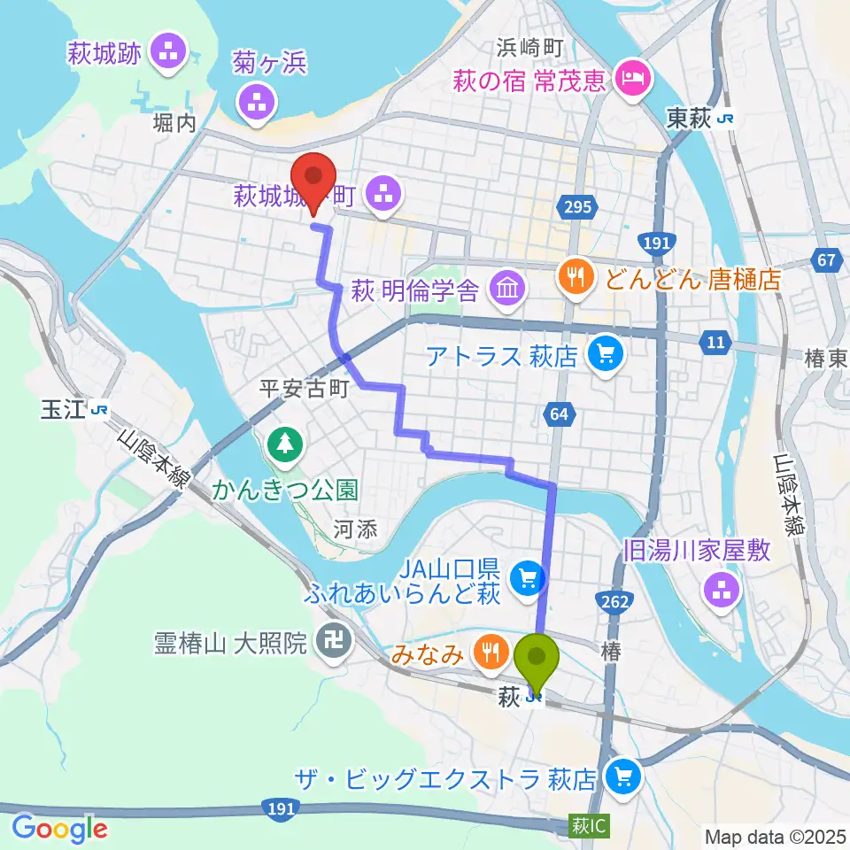 萩駅から萩博物館へのルートマップ地図