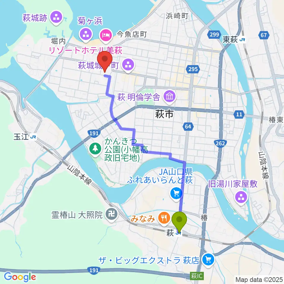 萩駅から萩博物館へのルートマップ地図