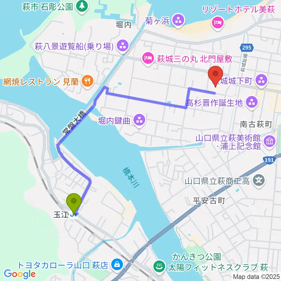 萩博物館の最寄駅玉江駅からの徒歩ルート（約21分）地図