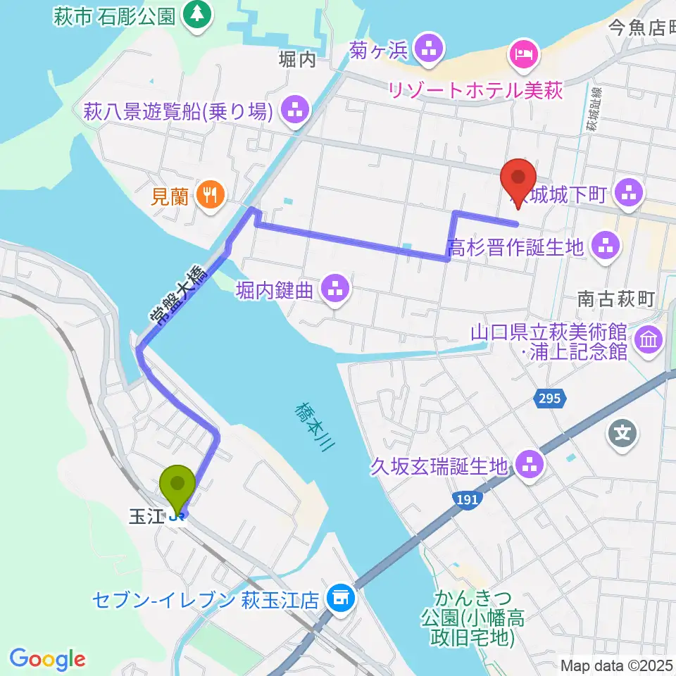 萩博物館の最寄駅玉江駅からの徒歩ルート（約21分）地図