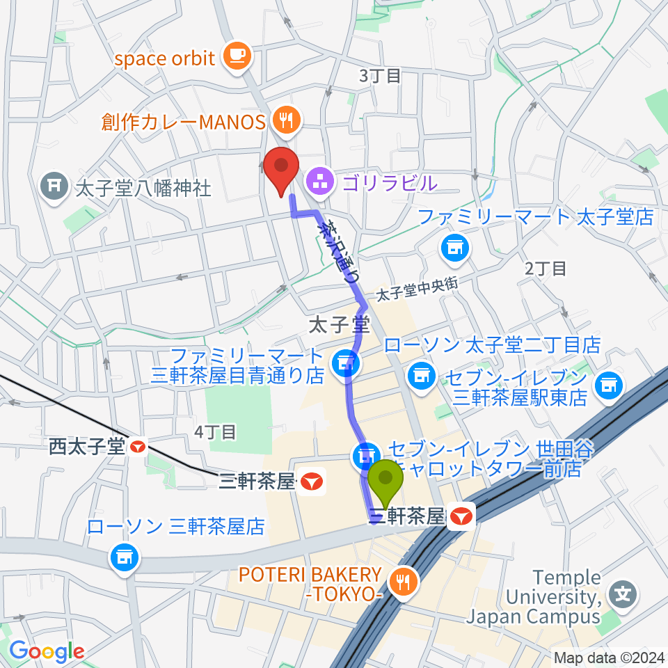 三軒茶屋駅から三軒茶屋クロスロードスタジオへのルートマップ地図