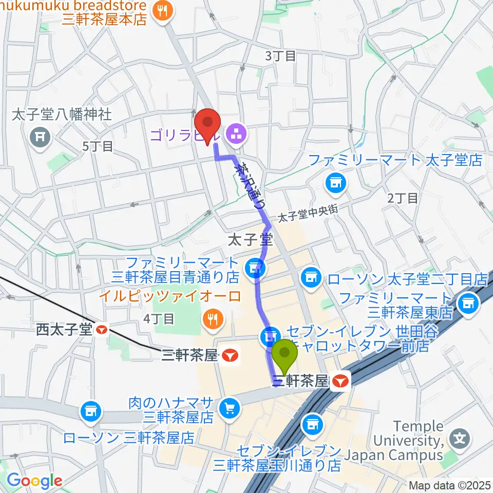 三軒茶屋駅から三軒茶屋クロスロードスタジオへのルートマップ地図