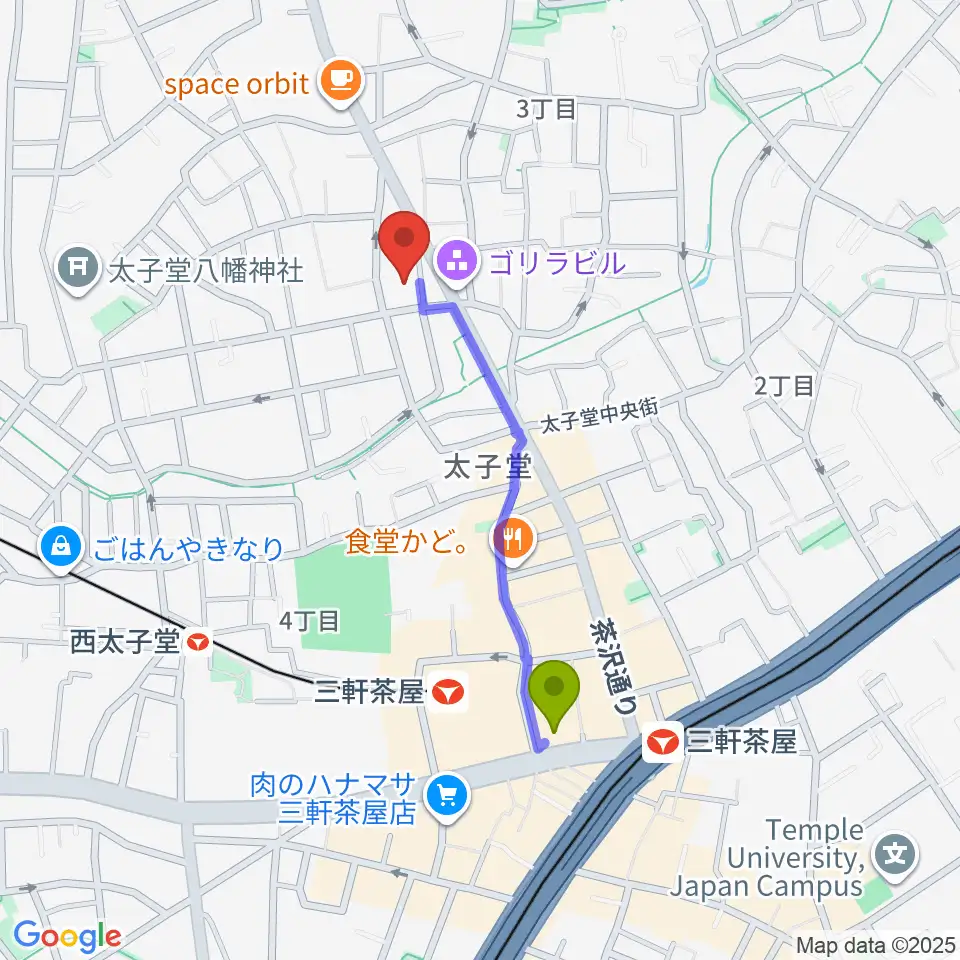 三軒茶屋駅から三軒茶屋クロスロードスタジオへのルートマップ地図