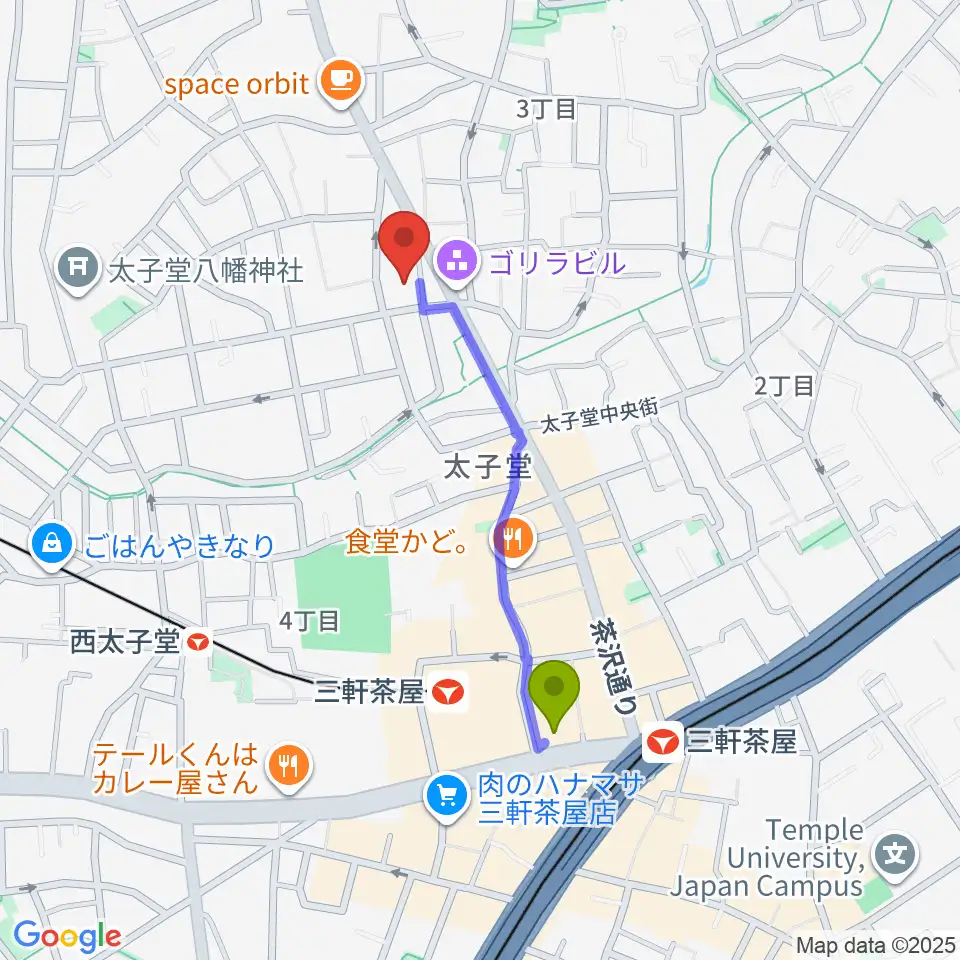 三軒茶屋駅から三軒茶屋クロスロードスタジオへのルートマップ地図