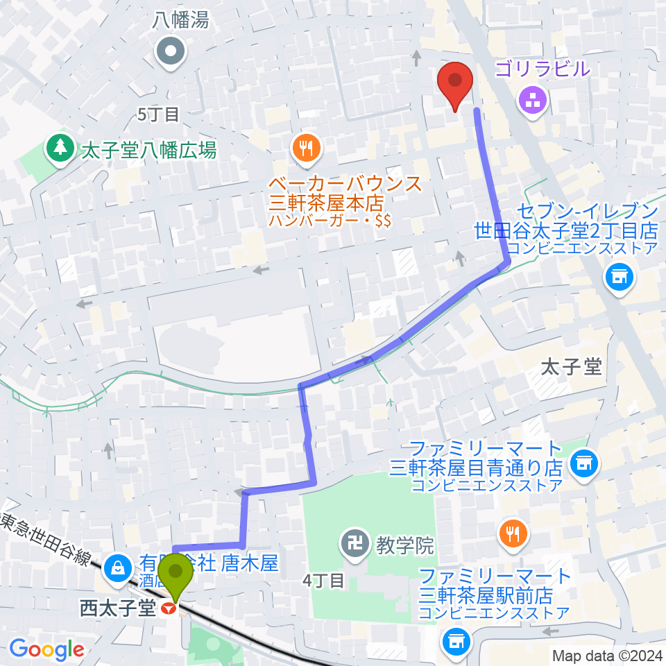 三軒茶屋クロスロードスタジオの最寄駅西太子堂駅からの徒歩ルート（約7分）地図