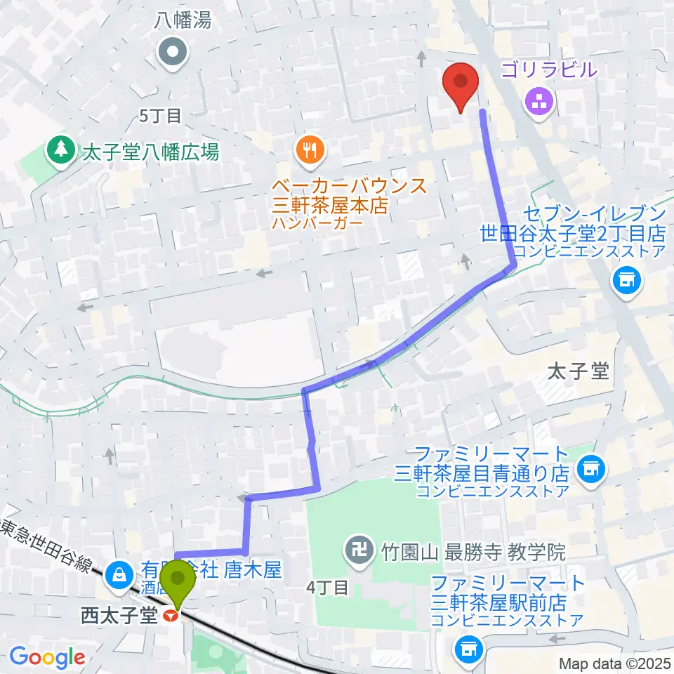 三軒茶屋クロスロードスタジオの最寄駅西太子堂駅からの徒歩ルート（約7分）地図