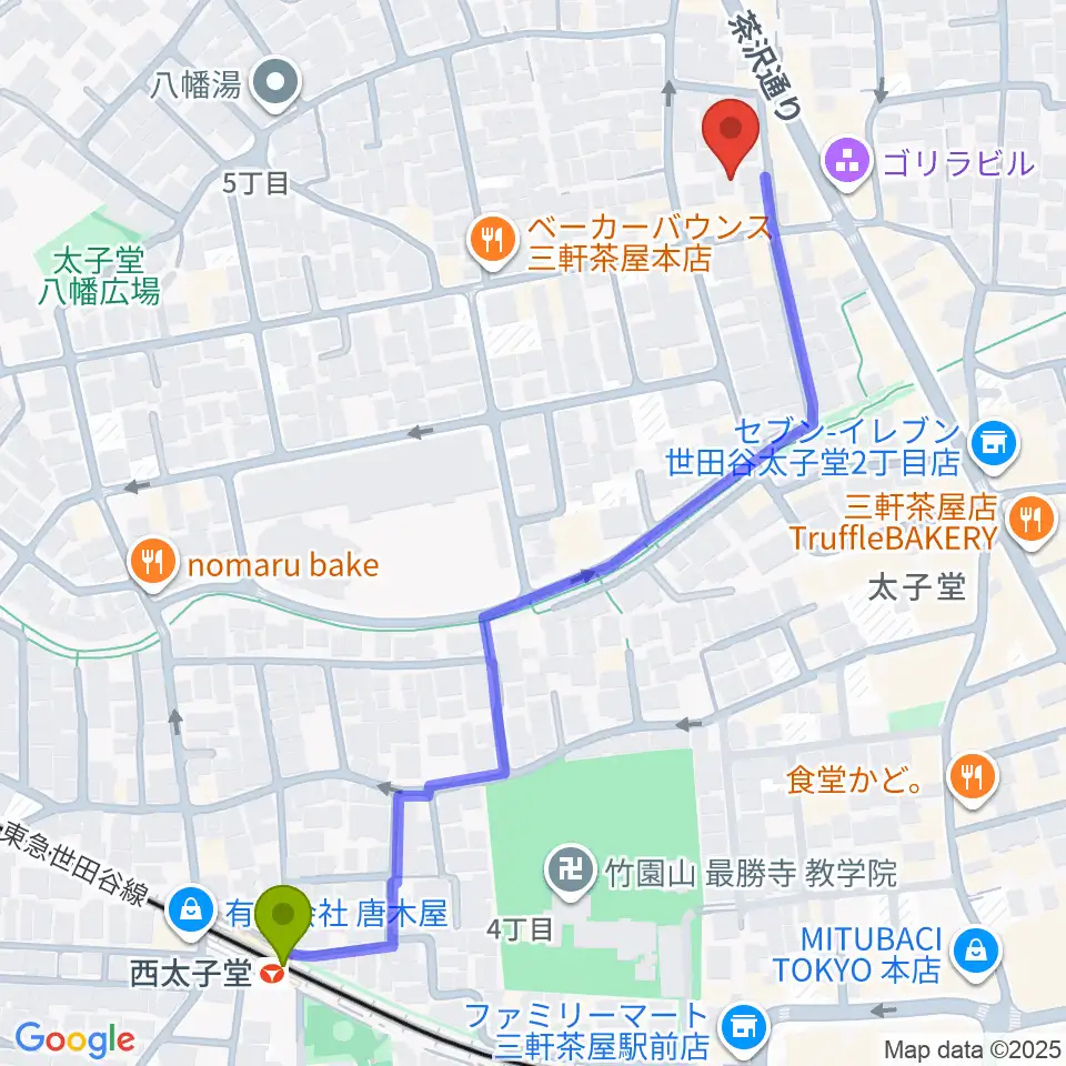 三軒茶屋クロスロードスタジオの最寄駅西太子堂駅からの徒歩ルート（約7分）地図