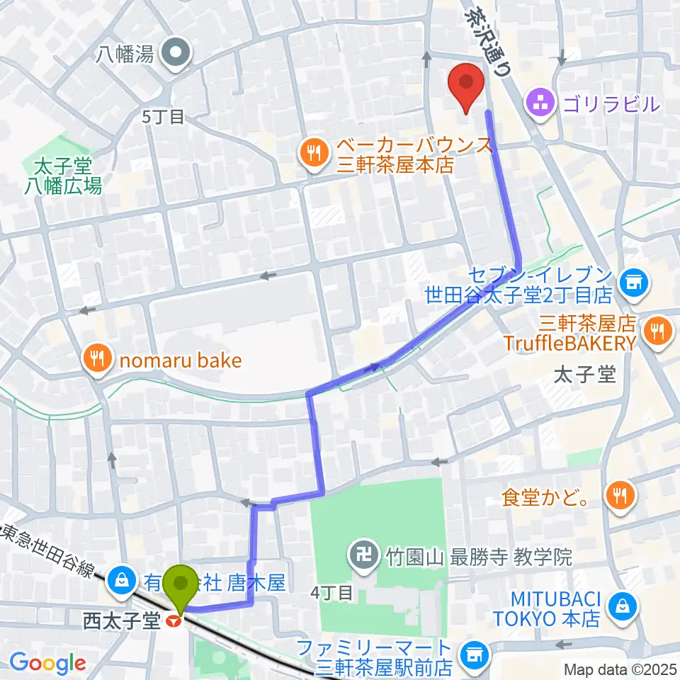 三軒茶屋クロスロードスタジオの最寄駅西太子堂駅からの徒歩ルート（約7分）地図