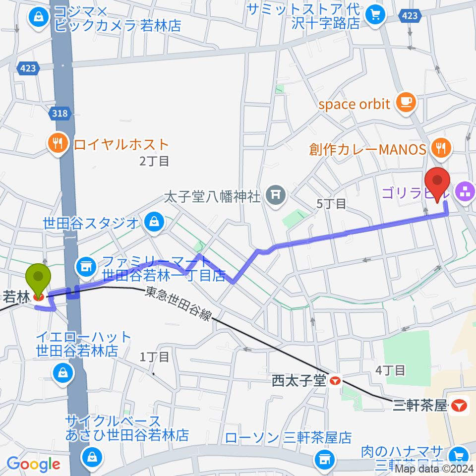 若林駅から三軒茶屋クロスロードスタジオへのルートマップ地図