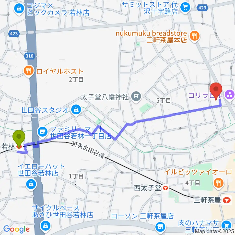 若林駅から三軒茶屋クロスロードスタジオへのルートマップ地図