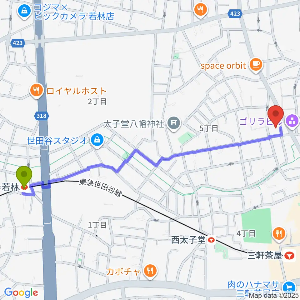 若林駅から三軒茶屋クロスロードスタジオへのルートマップ地図