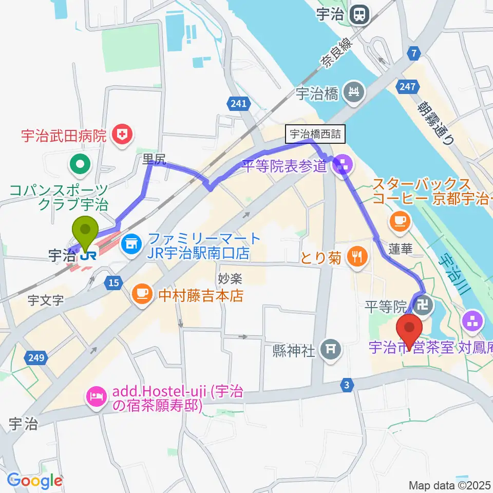 平等院ミュージアム鳳翔館の最寄駅宇治駅からの徒歩ルート（約11分）地図