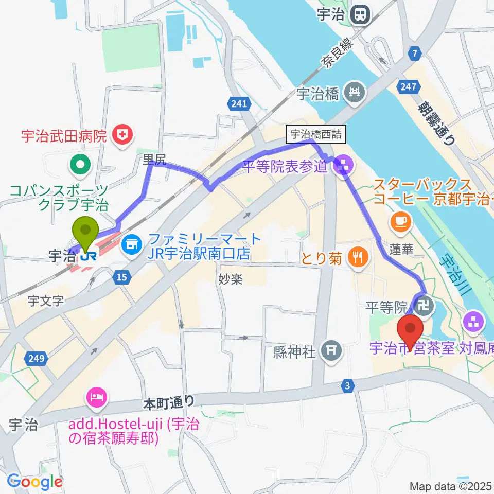 平等院ミュージアム鳳翔館の最寄駅宇治駅からの徒歩ルート（約11分）地図