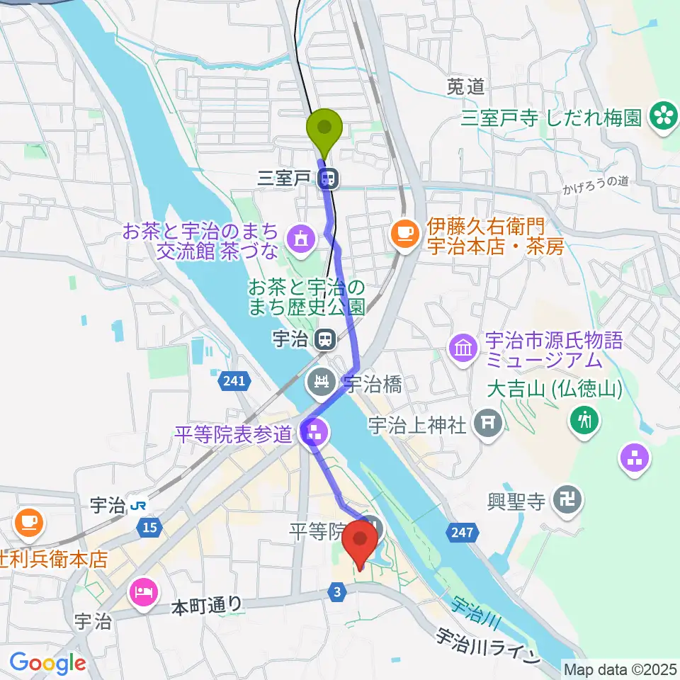 三室戸駅から平等院ミュージアム鳳翔館へのルートマップ地図
