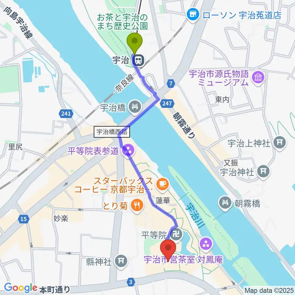 宇治駅から平等院ミュージアム鳳翔館へのルートマップ地図