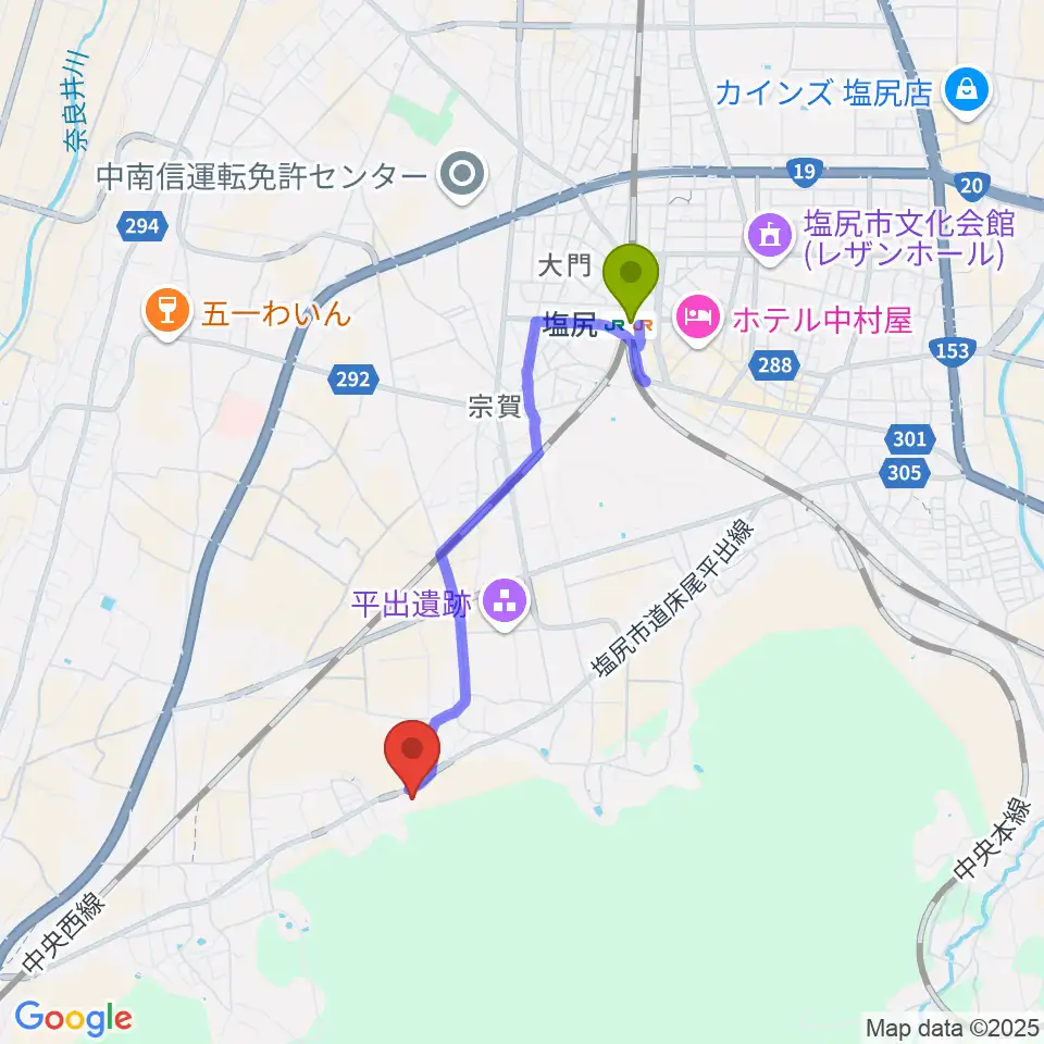 塩尻市立平出博物館の最寄駅塩尻駅からの徒歩ルート（約31分）地図