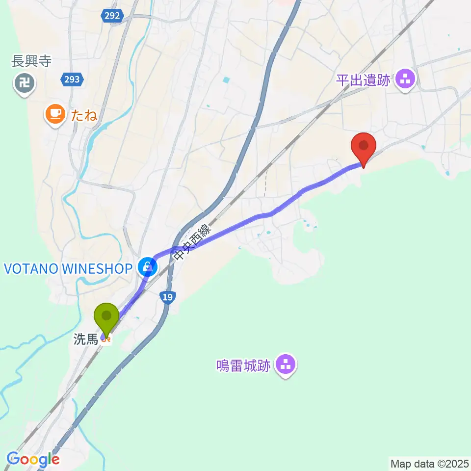 洗馬駅から塩尻市立平出博物館へのルートマップ地図