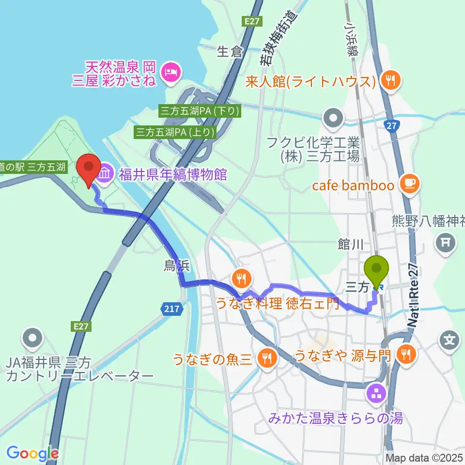 若狭三方縄文博物館の最寄駅三方駅からの徒歩ルート（約20分）地図