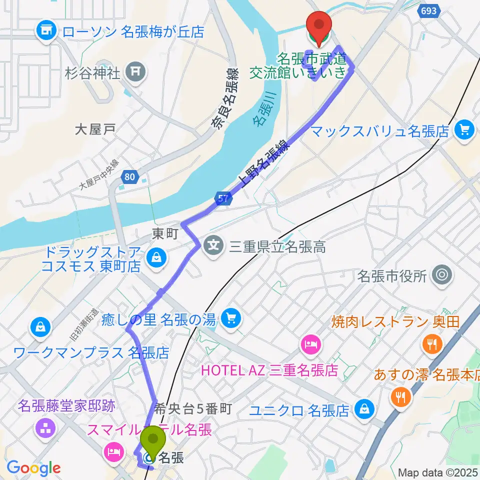 名張駅からベルウイング武道交流館へのルートマップ地図