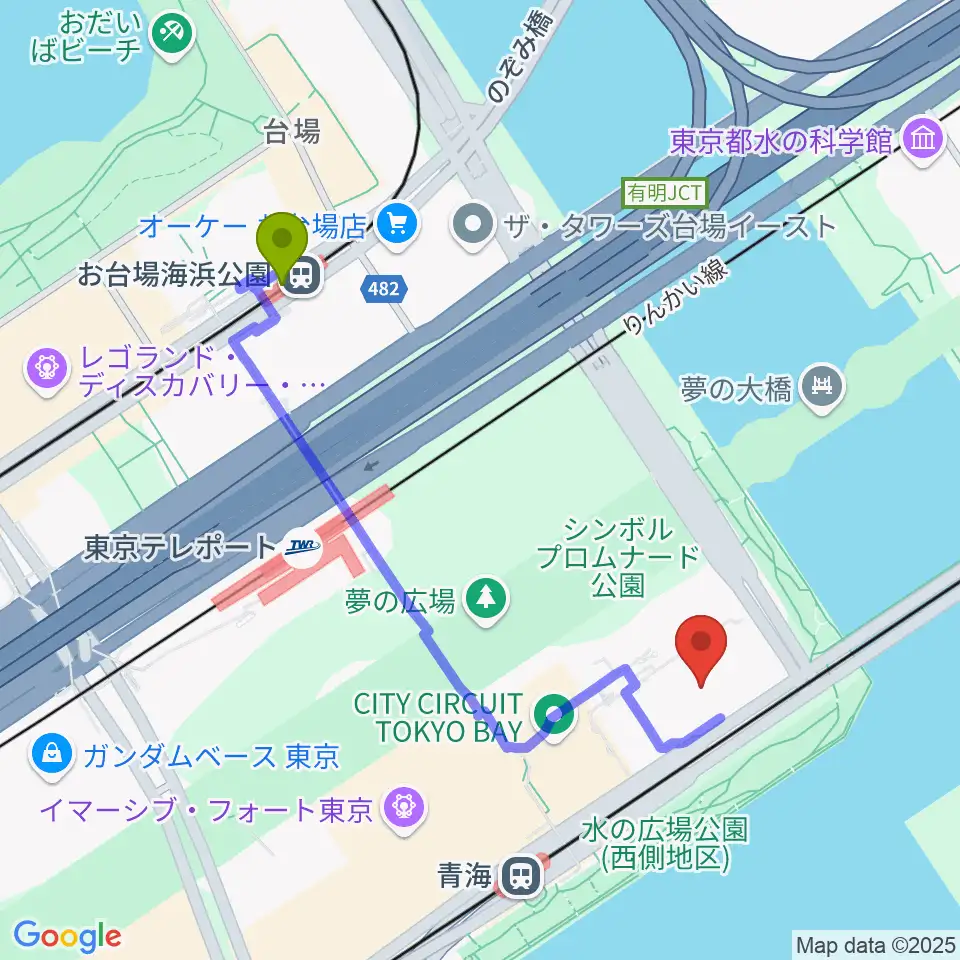 お台場海浜公園駅からadidas SPORTS PARKへのルートマップ地図