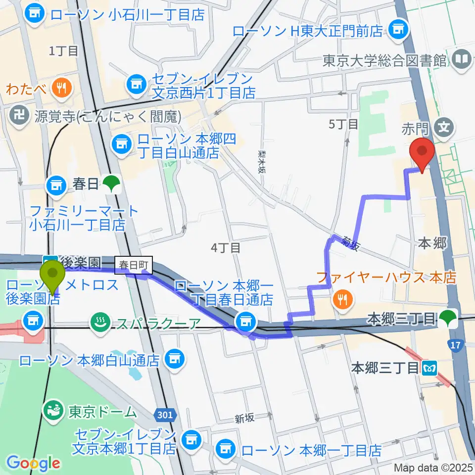 後楽園駅から文京HEADPOWERへのルートマップ地図