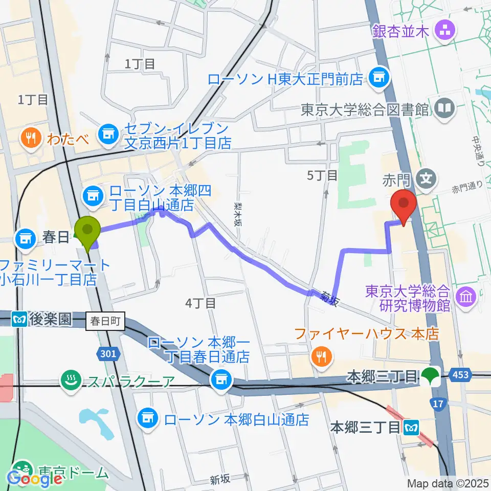 春日駅から文京HEADPOWERへのルートマップ地図