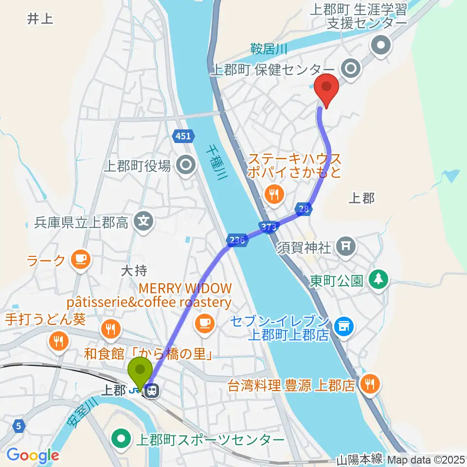 上郡町郷土資料館の最寄駅上郡駅からの徒歩ルート（約23分）地図