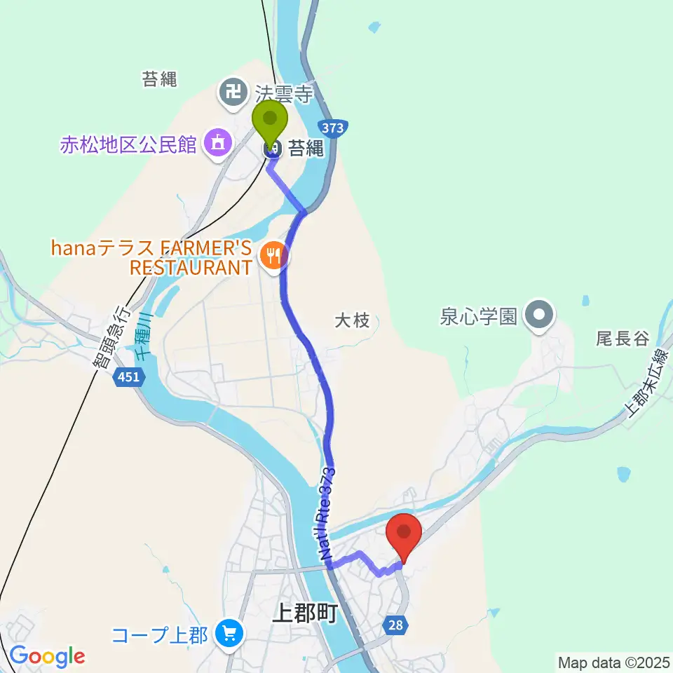 苔縄駅から上郡町郷土資料館へのルートマップ地図