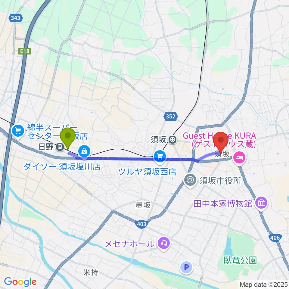 日野駅から須坂市笠鉾会館ドリームホールへのルートマップ地図