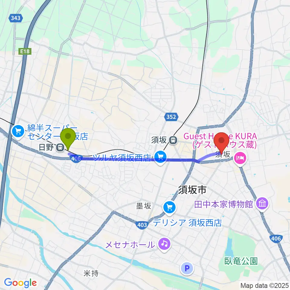 日野駅から須坂市笠鉾会館ドリームホールへのルートマップ地図