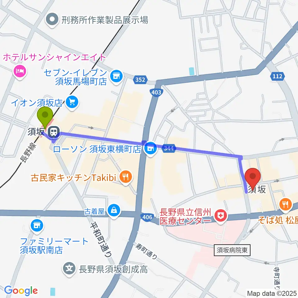 須坂市笠鉾会館ドリームホールの最寄駅須坂駅からの徒歩ルート（約11分）地図