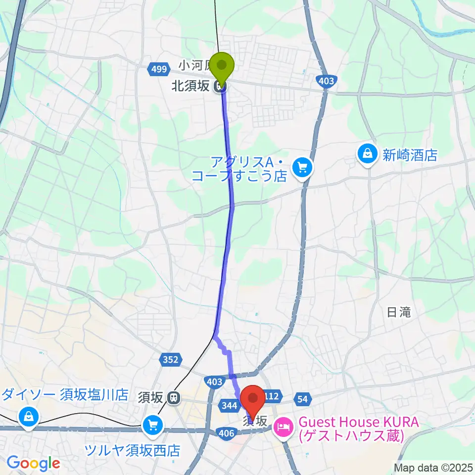 北須坂駅から須坂市笠鉾会館ドリームホールへのルートマップ地図