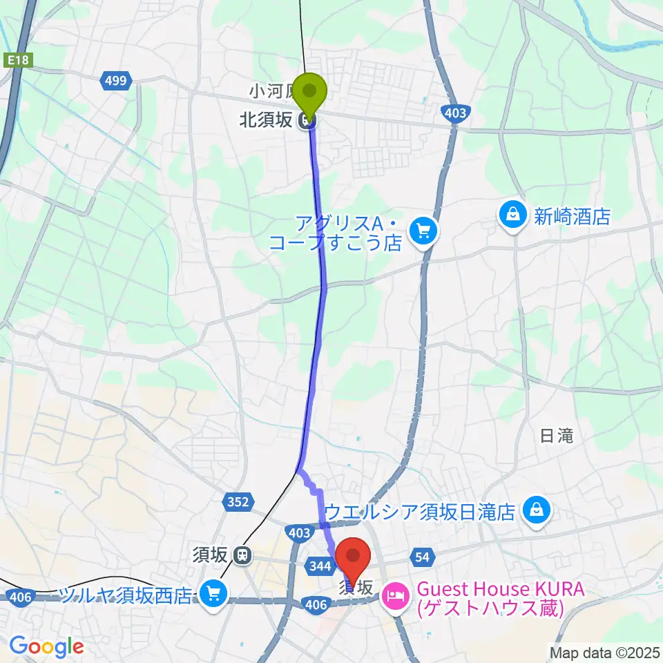 北須坂駅から須坂市笠鉾会館ドリームホールへのルートマップ地図