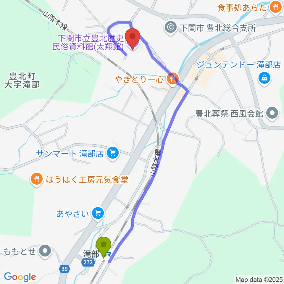 下関市立豊北歴史民俗資料館の最寄駅滝部駅からの徒歩ルート（約12分）地図