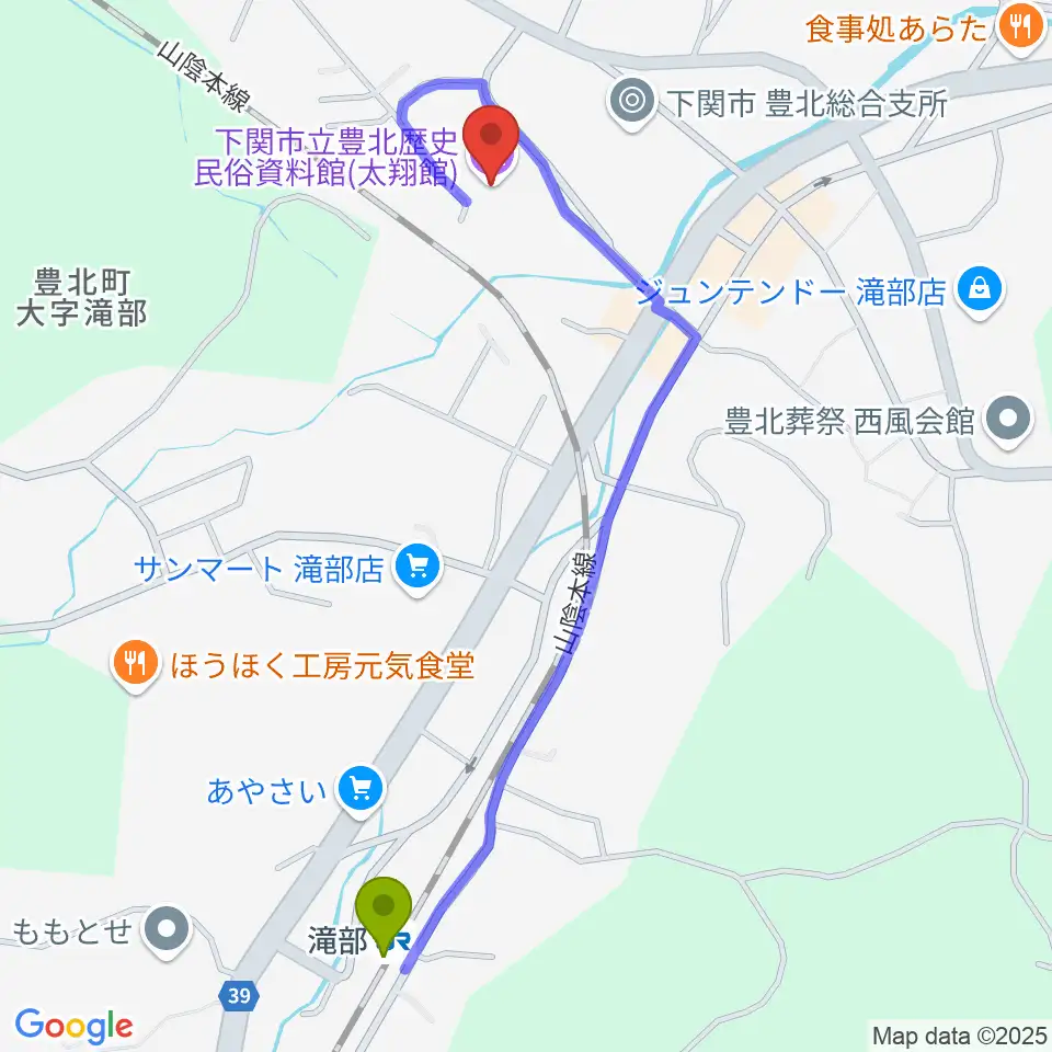 下関市立豊北歴史民俗資料館の最寄駅滝部駅からの徒歩ルート（約12分）地図