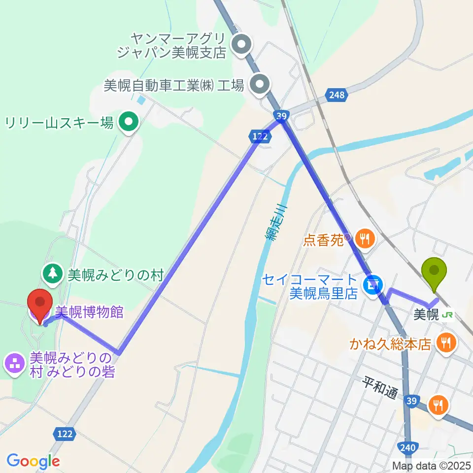 美幌博物館の最寄駅美幌駅からの徒歩ルート（約23分）地図