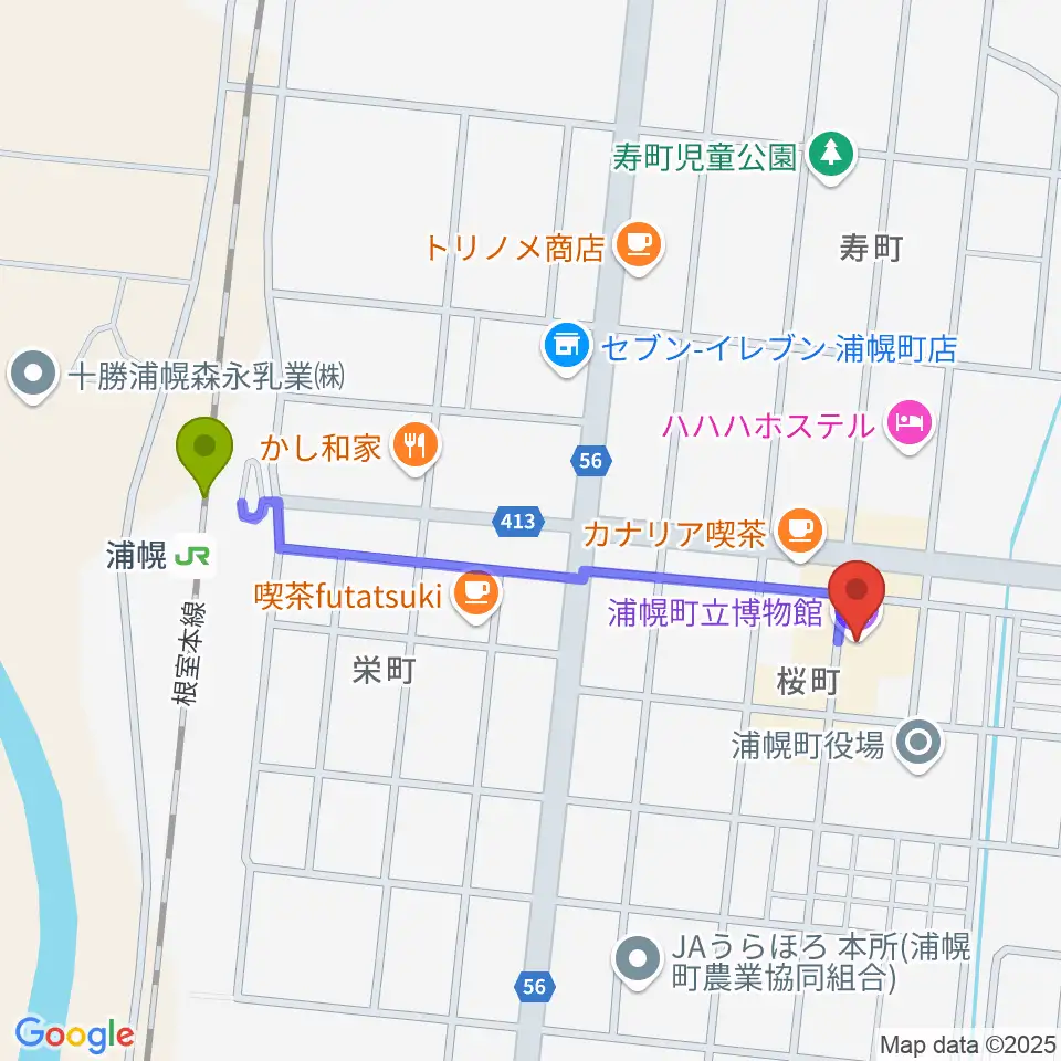 浦幌町立博物館の最寄駅浦幌駅からの徒歩ルート（約9分）地図