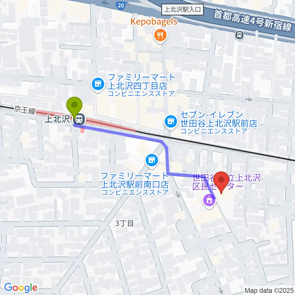 賀川豊彦記念松沢資料館の最寄駅上北沢駅からの徒歩ルート（約4分）地図