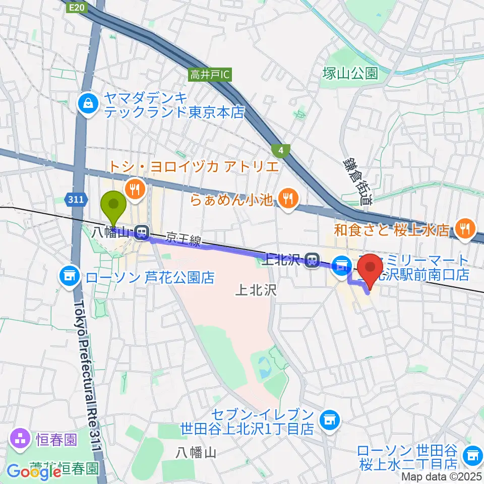 八幡山駅から賀川豊彦記念松沢資料館へのルートマップ地図