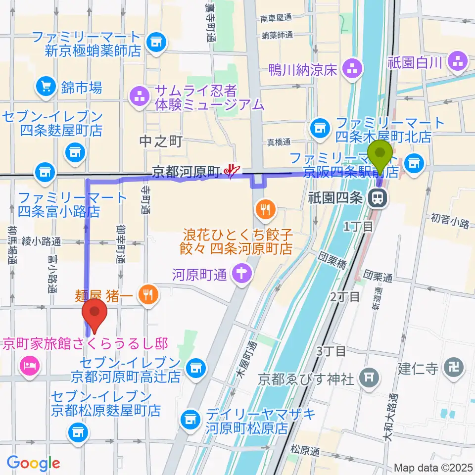 祇園四条駅から京都市学校歴史博物館へのルートマップ地図