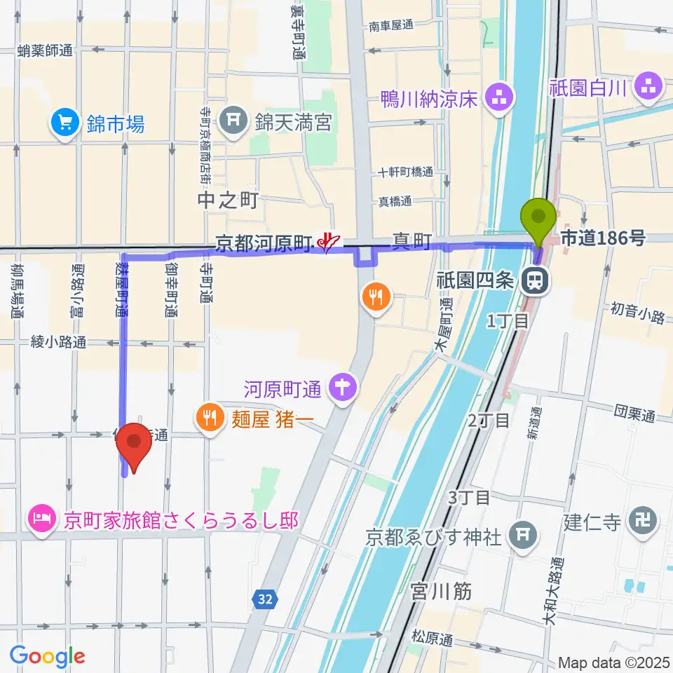 祇園四条駅から京都市学校歴史博物館へのルートマップ地図