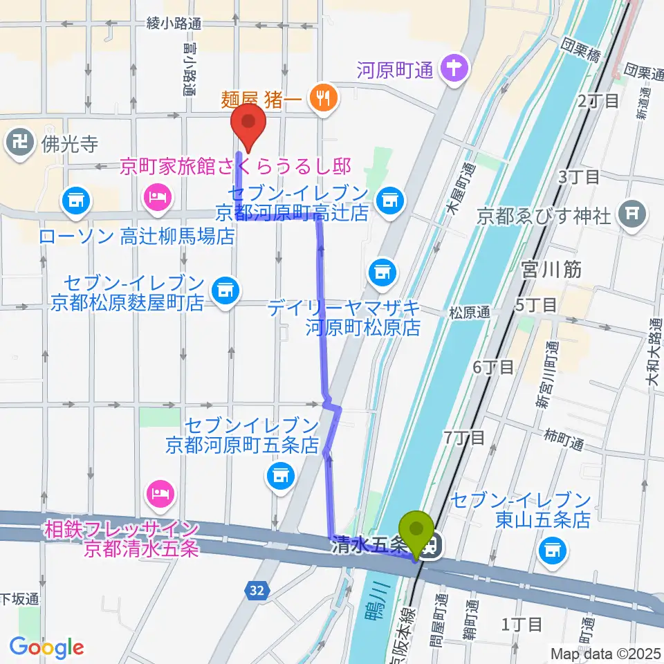 京都市学校歴史博物館の最寄駅清水五条駅からの徒歩ルート（約10分）地図