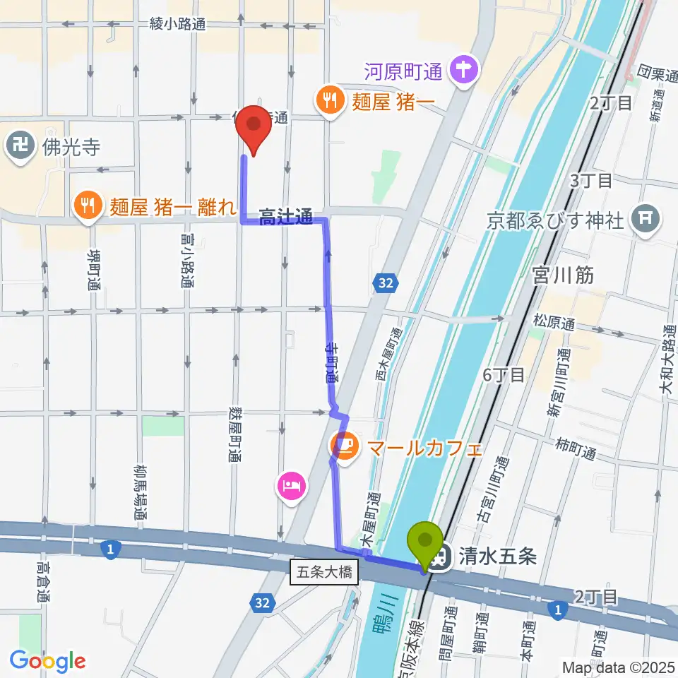 京都市学校歴史博物館の最寄駅清水五条駅からの徒歩ルート（約10分）地図