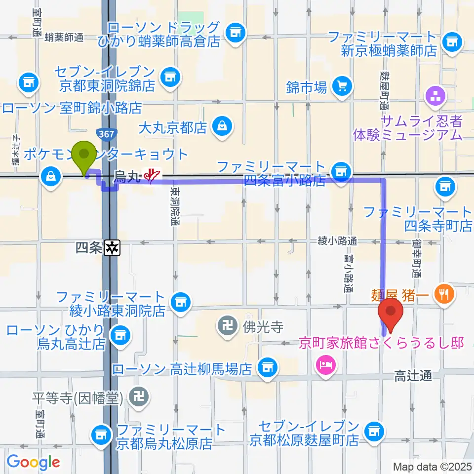 烏丸駅から京都市学校歴史博物館へのルートマップ地図