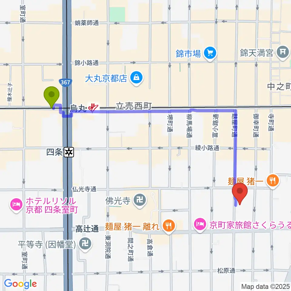 烏丸駅から京都市学校歴史博物館へのルートマップ地図