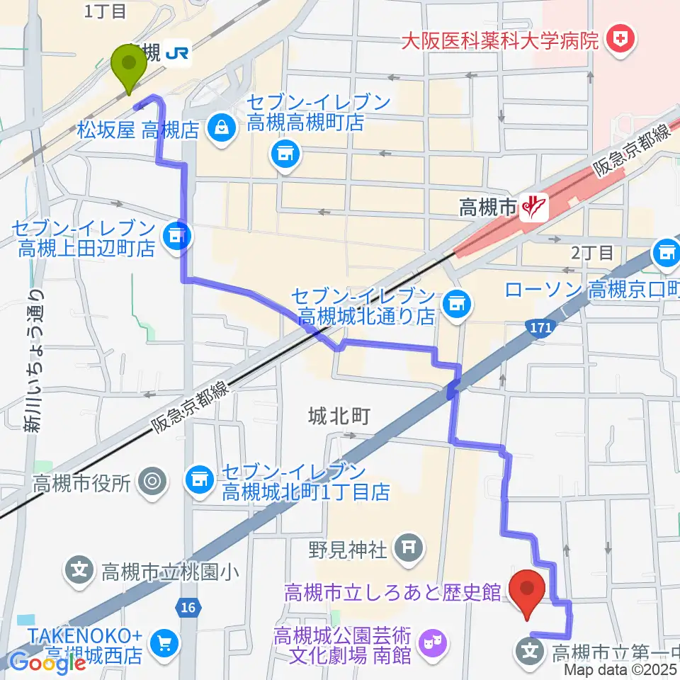 高槻駅から高槻市立しろあと歴史館へのルートマップ地図