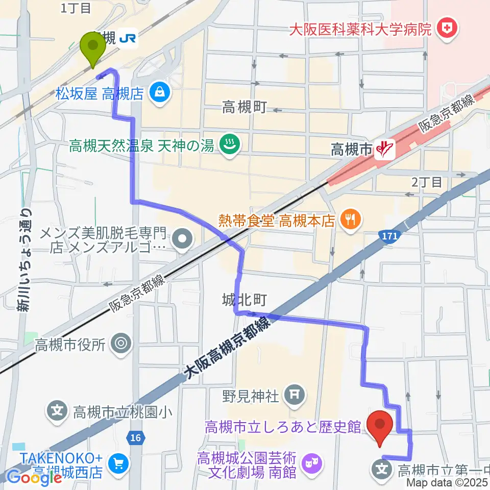 高槻駅から高槻市立しろあと歴史館へのルートマップ地図