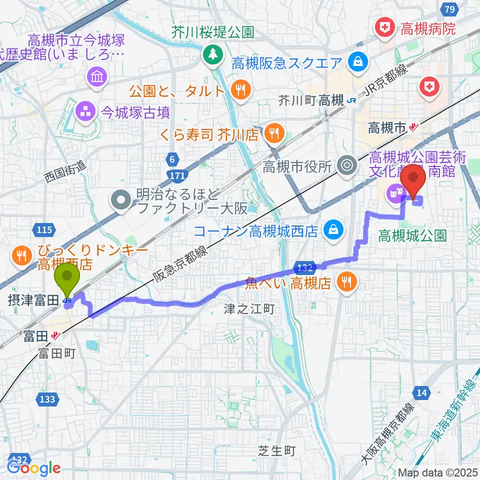 摂津富田駅から高槻市立しろあと歴史館へのルートマップ地図