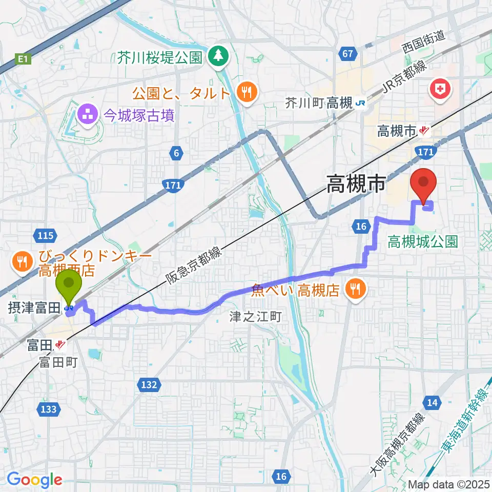 摂津富田駅から高槻市立しろあと歴史館へのルートマップ地図